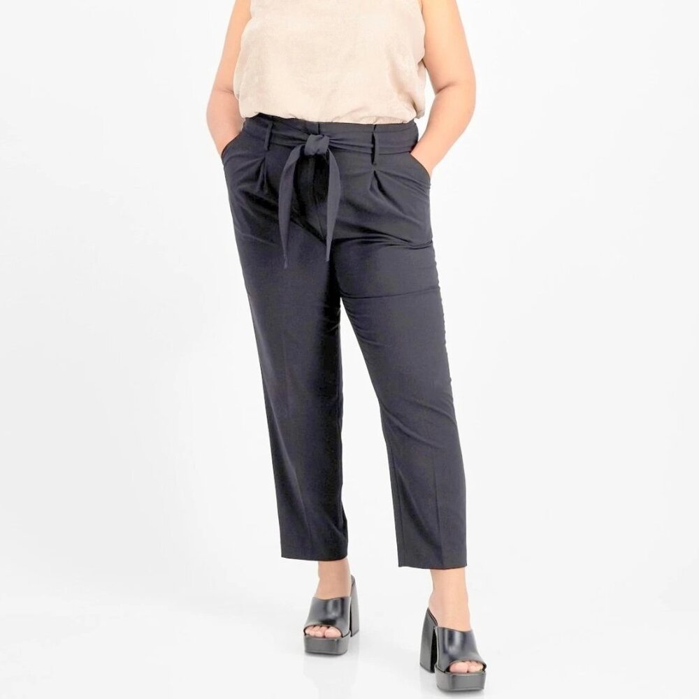 Bar III Women's Plus Size 22W Belted Paperbag-Waist Dress Pants, Black- NWT